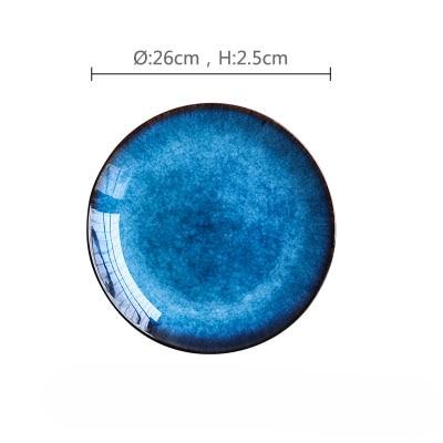 Pallas Plate Set Of 4 - Round blue glazed ceramic plate handpainted, diameter 26cm, height 2.5cm, freezer and dishwasher safe.