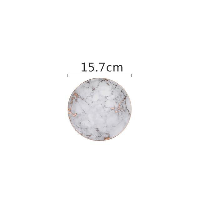 Round Selene Plates in light gray ceramic with marble pattern, 15.7cm diameter - elegant dinnerware option.