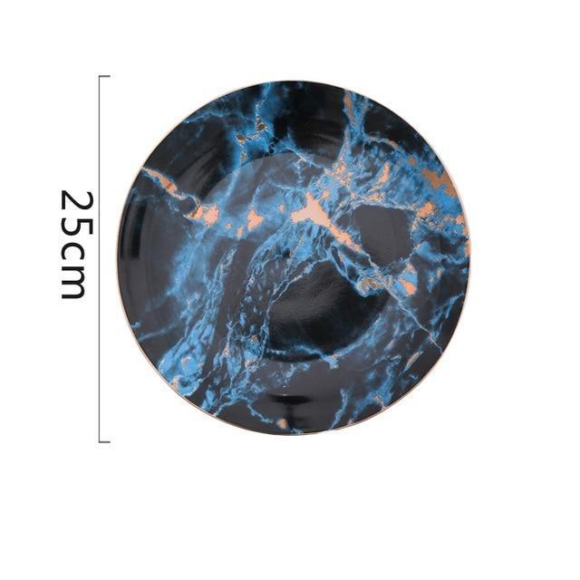 Selene Plates - Blue ceramic dinner plate with strip pattern and lighting painting, 25cm round design