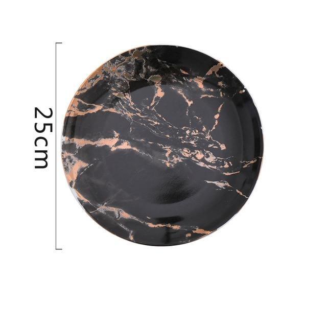 Black Selene Plates, round ceramic dinner plate with strip pattern, 25cm, classic design with marble-like look