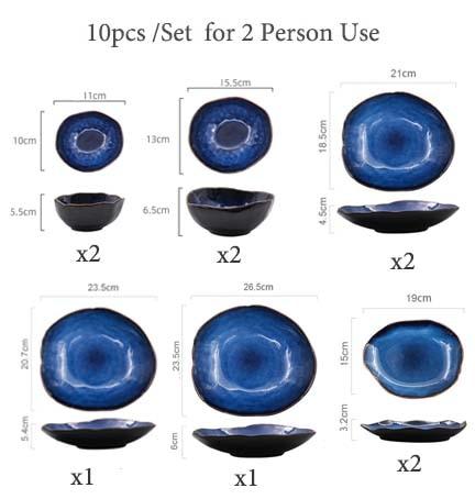 Blue European Porcelain Dinnerware Set (Plates and Bowls) showing 10-piece set for 2 persons, featuring dark blue hand-painted porcelain.
