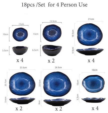 Blue European Porcelain Dinnerware Set (Plates and Bowls) featuring 18-piece set for 4 people with hand-painted designs in dark blue hue.
