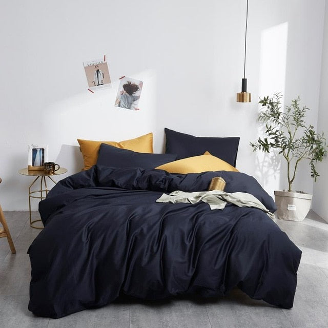 Navy Grace Silk Duvet Cover Set (Premium Egyptian Cotton) 600TC in a bedroom setting with modern decor and natural lighting.