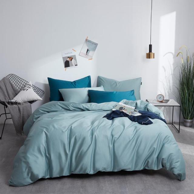 Turquoise Grace Silk Duvet Cover Set (Premium Egyptian Cotton) 600TC on a modern bedroom bed with pillows and decorative accents.