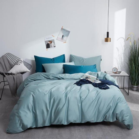 Turquoise Grace Silk Duvet Cover Set (Premium Egyptian Cotton) 600TC on a modern bedroom bed with pillows and decorative accents.