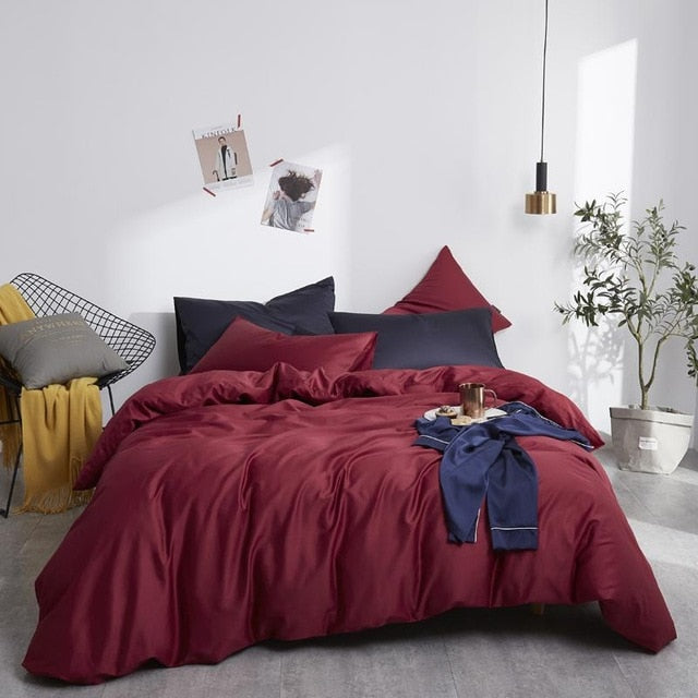 Wine Grace Silk Duvet Cover Set (Premium Egyptian Cotton) 600TC on a stylish bed with modern decor
