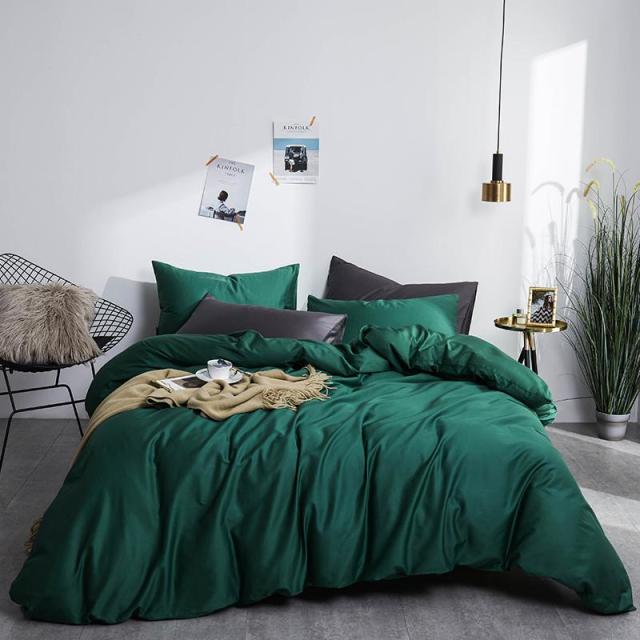 Bedroom with Green Grace Silk Duvet Cover Set (Premium Egyptian Cotton) 600TC, showcasing comfort and luxury with green bedding.