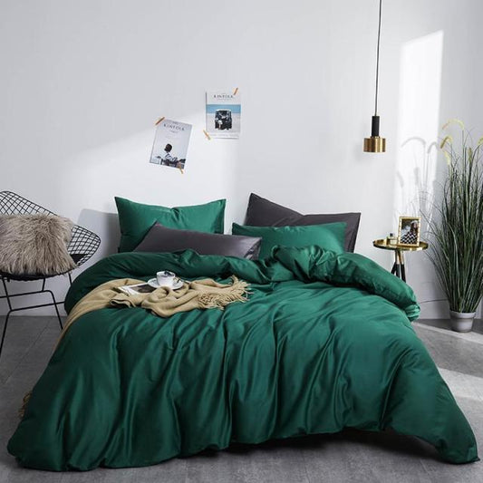 Bedroom with Green Grace Silk Duvet Cover Set (Premium Egyptian Cotton) 600TC, showcasing comfort and luxury with green bedding.