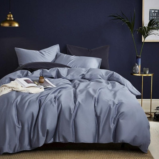 Florentine Grace Silk Duvet Cover Set (Premium Egyptian Cotton) 600TC in blue with pillows and flat sheet in elegant bedroom setting.