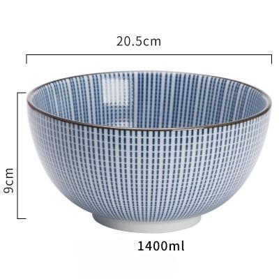 Modern Japanese Ceramic Bowls, porcelain, eco-friendly, 1400ml, blue pattern, dimensions 20.5cm x 9cm, premium quality, under glazed.