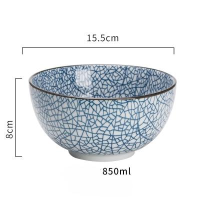 Modern Japanese Ceramic Bowls with blue cracked pattern, porcelain, 850ml capacity, eco-friendly and certified