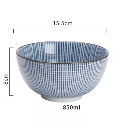 Modern Japanese Ceramic Bowls with blue geometric pattern, porcelain, 850ml capacity, eco-friendly and FDA certified.