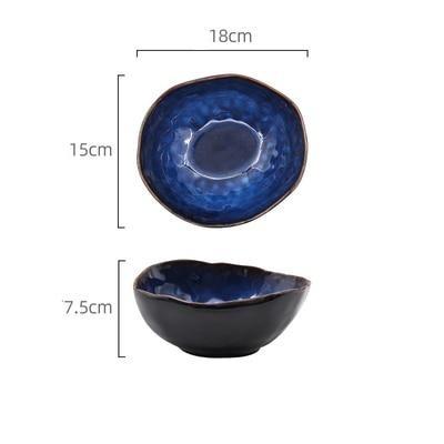 European Porcelain Deep Bowl with dark blue glaze, top and side view, showcasing egg shape and dimensions: 18cm diameter, 7.5cm high.