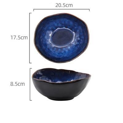 European Porcelain Deep Bowl with dark blue glaze, hand-painted, solid pattern, egg shape, eco-friendly, showcasing unique variations.