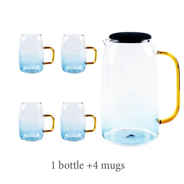Colored Glass Carafe and Glass Set with round transparent eco-friendly design, includes 1 carafe and 4 mugs.