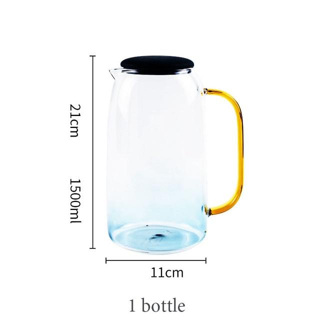 Colored Glass Carafe and Glass Set with measurements, round transparent eco-friendly glass design, 21cm height, 1500ml capacity.