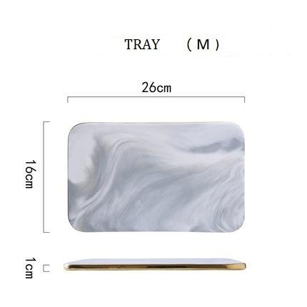 Medium rectangular tray with marble design, 26cm x 16cm x 1cm. Ideal for serving and decorative purposes.