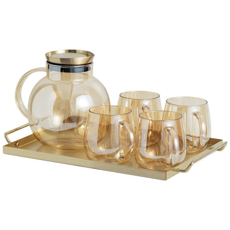 Luxury Nordic Drinking Set with round glass pitcher and four transparent eco-friendly glasses on a tray.