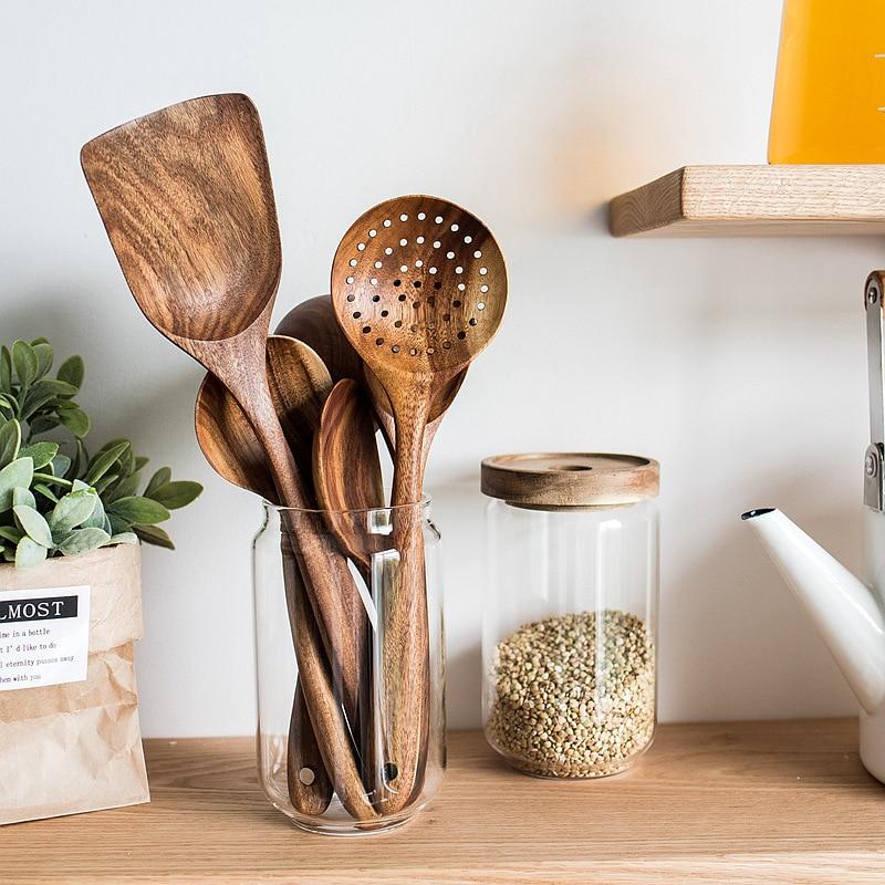 Modern Thailand Natural Teak Wood Utensils Set of 7 eco-friendly cooking tools displayed in a glass jar