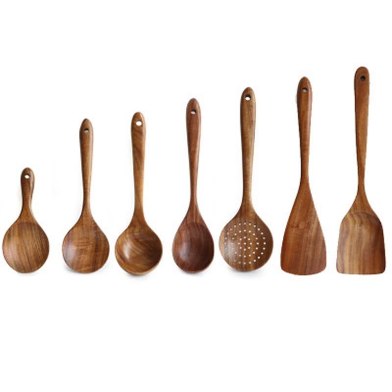 Modern Thailand Natural Teak Wood Utensils Set of 7 eco-friendly cooking tool set with CE/EU certification.