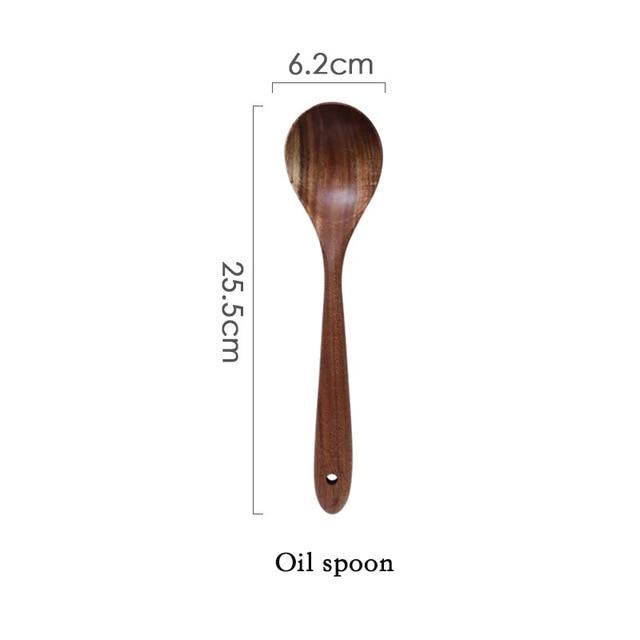 Oil spoon from Modern Thailand Natural Teak Wood Utensils Set of 7, featuring eco-friendly, CE/EU certified cooking tools.