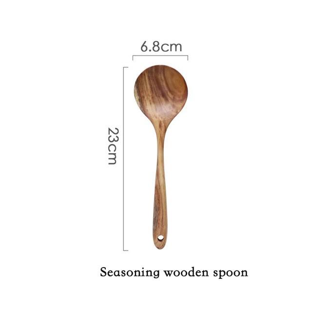 Modern Thailand Natural Teak Wood Utensils Set of 7 featuring a 23cm seasoning wooden spoon