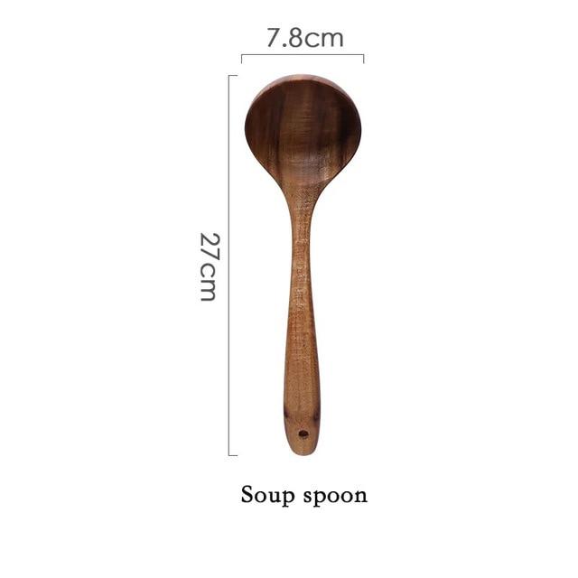 Soup spoon from Modern Thailand Natural Teak Wood Utensils Set of 7 with dimensions 27cm x 7.8cm, eco-friendly and CE certified.
