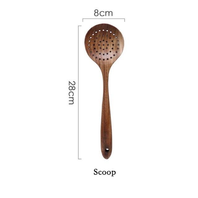 Modern Thailand Natural Teak Wood Utensils Set of 7 - Wooden scoop with dimensions 8cm by 28cm labeled