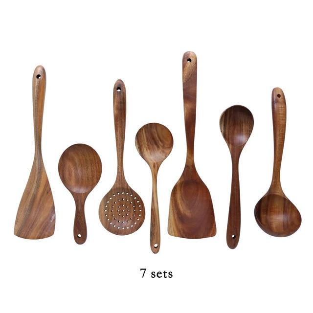 Modern Thailand Natural Teak Wood Utensils Set of 7, eco-friendly cooking tools with CE/EU certification