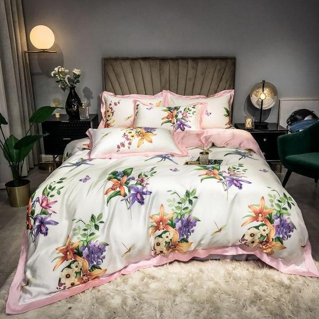 Luxurious Blossom Duvet Cover Set (Eucalyptus Lyocell) displayed in elegant bedroom setting with floral design.