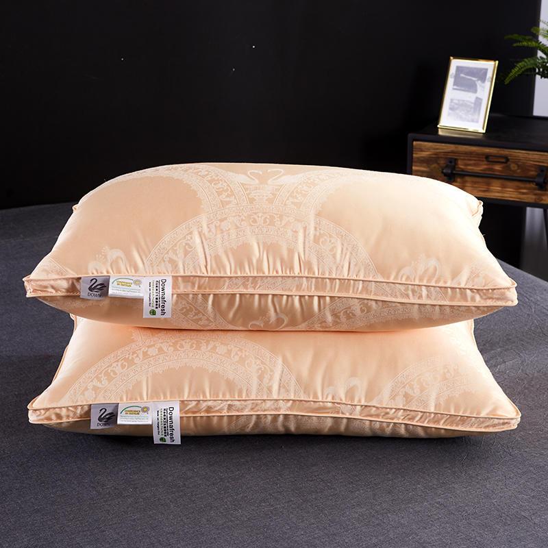 Vincenzo Pillows Set of 2 Goose Down in beige, stacked on a bed, showcasing elegant design and luxurious comfort, perfect for bedroom decor.