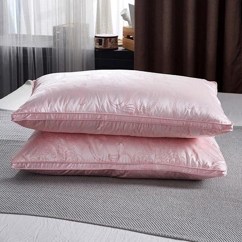Vincenzo Pillows Set of 2 Goose Down with 100% goose down filling, shown on a bed, 48cm x 74cm dimensions, perfect for bedroom decor.