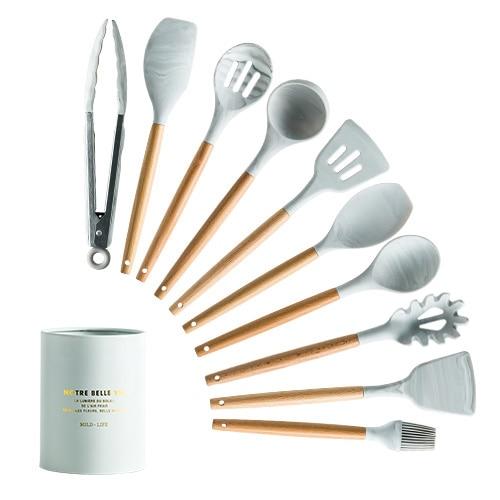 Premium Silicone Cooking Set Tools with wooden handles, heat-resistant kitchen utensils suitable for microwave, oven, steamer.