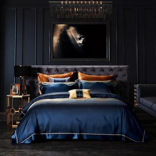 Victor Duvet Cover Set (Mulberry Silk) King Size displayed in a luxurious bedroom setting with dark elegant furnishings.