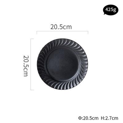 Ceto Nordic Plates - Black hand-made ceramic plate, 20.5cm diameter, 425g, with intricate edge detailing.