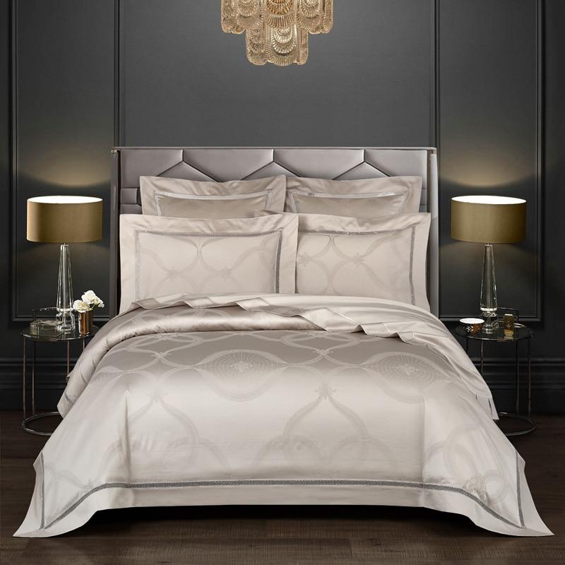 Light Taupe Lancelot Duvet Cover Set (Premium Egyptian Cotton) (Jacquard) on elegant bed in luxurious bedroom setting