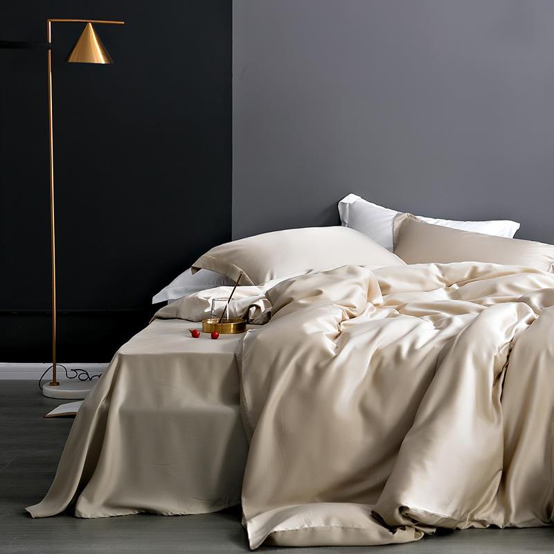 Modern boho bedroom with Karen Solid Color Lyocell Duvet Cover Set in beige; enhances decor, available in 9 colors, softens every wash.