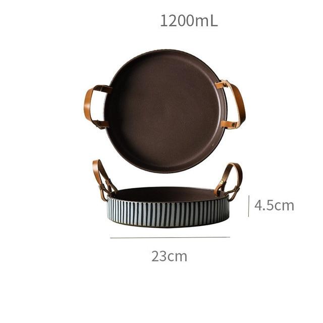 Exclusive Striped Ceramic Plate with Leather Handle, hand-made porcelain plate with brown leather handles, 23cm diameter, 1200mL capacity.