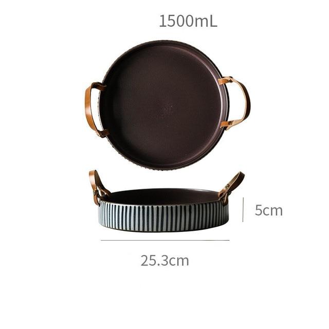 Exclusive Striped Ceramic Plate with Leather Handle, featuring hand-painted porcelain with a frost technique, eco-friendly design.