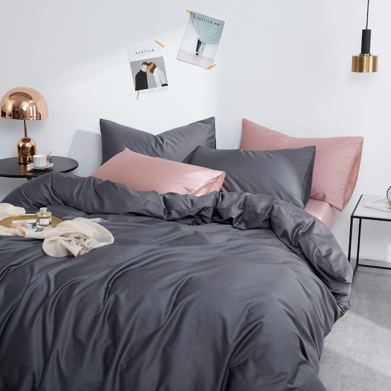Graphite Grace Silk Duvet Cover Set (Premium Egyptian Cotton) 600TC on a modern bedroom setup.
