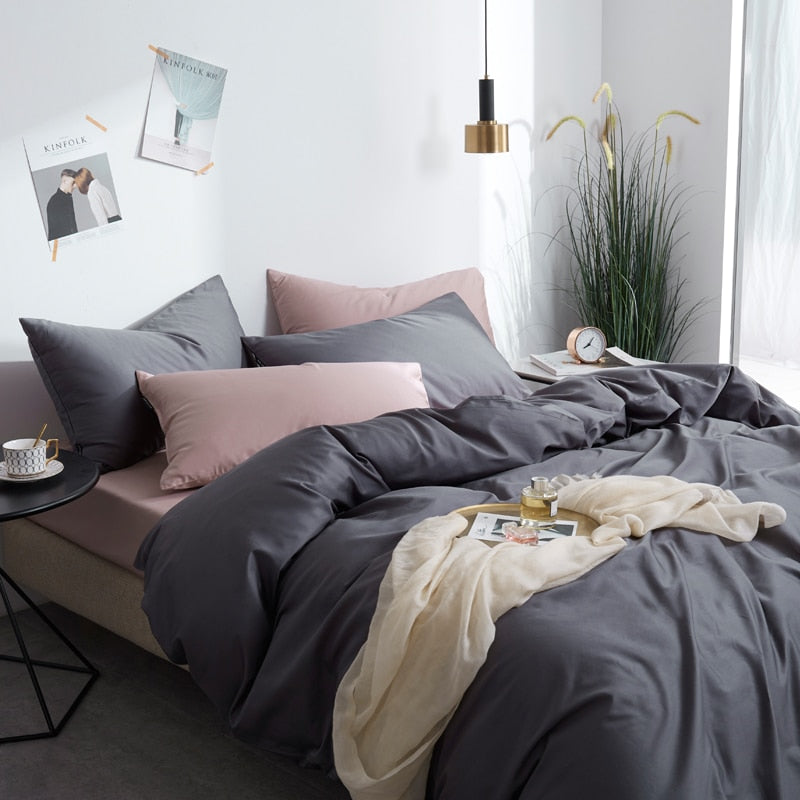 Graphite Grace Silk Duvet Cover Set (Premium Egyptian Cotton) 600TC on modern styled bed.