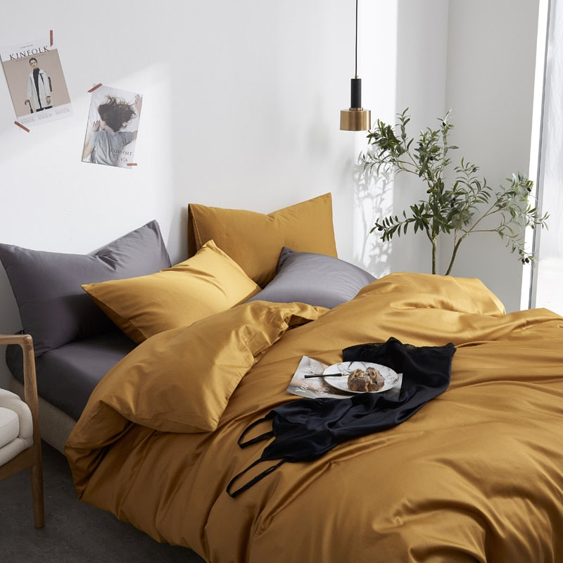 Butterscotch Grace Silk Duvet Cover Set (Premium Egyptian Cotton) 600TC on a styled bed with pillows