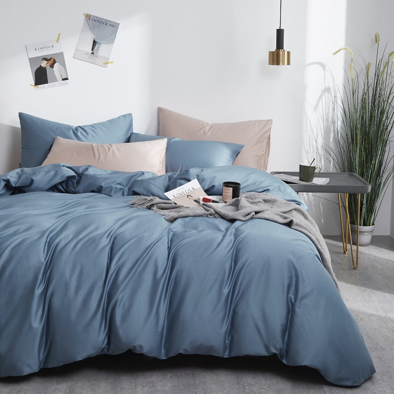 Zenith Grace Silk Duvet Cover Set (Premium Egyptian Cotton) 600TC in bedroom setting with blue and beige accents.