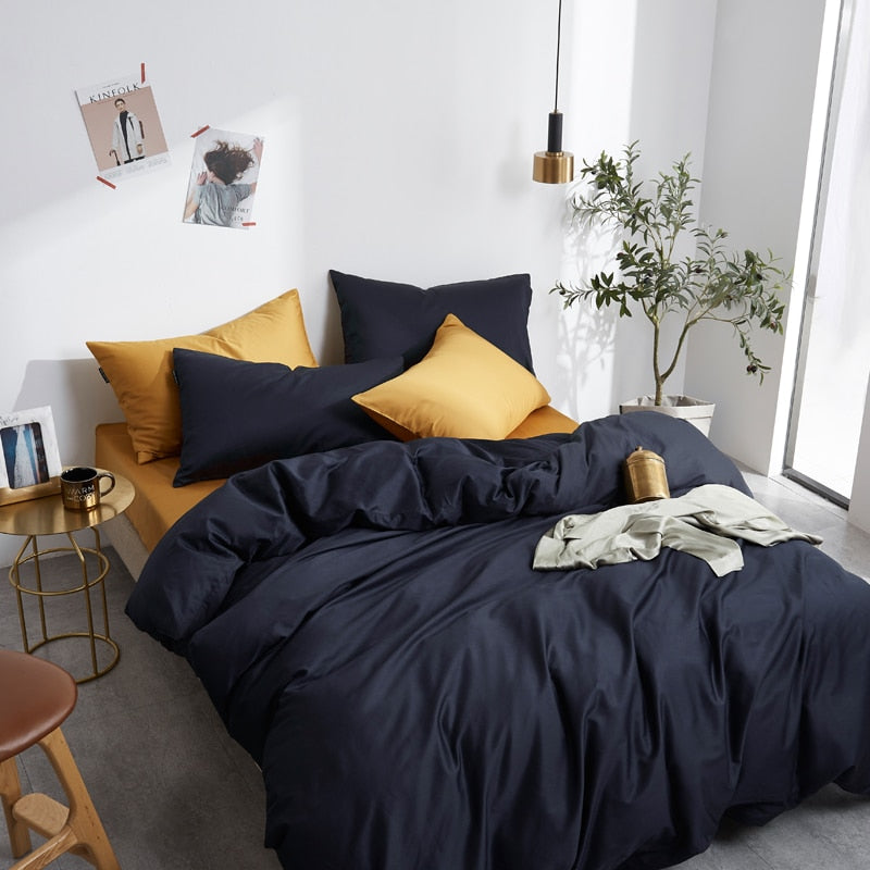 Luxurious bedroom with Navy Grace Silk Duvet Cover Set (Premium Egyptian Cotton) 600TC, featuring navy and gold accents.