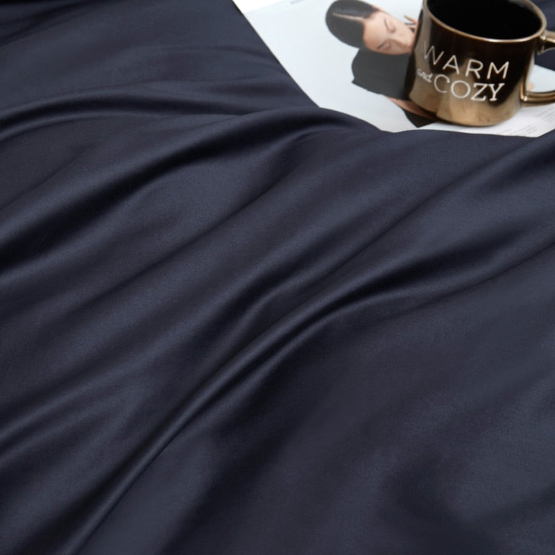 Navy Grace Silk Duvet Cover Set (Premium Egyptian Cotton) 600TC in solid navy color, showcasing smooth fabric texture.