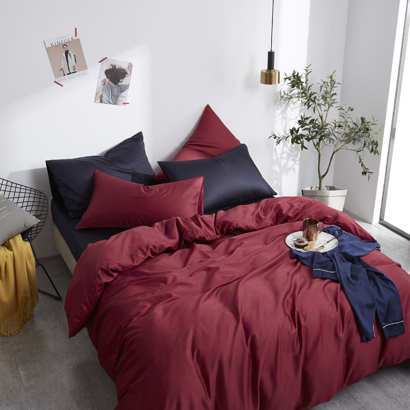 Wine Grace Silk Duvet Cover Set (Premium Egyptian Cotton) 600TC displayed in a bedroom, showcasing luxury and comfort.