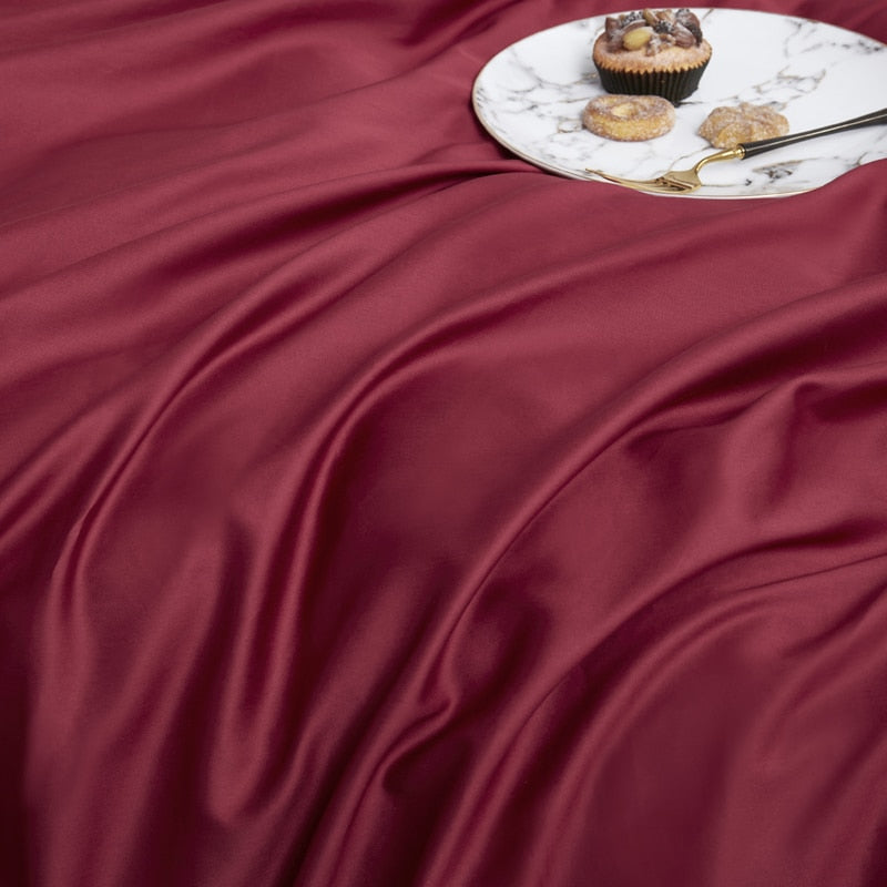 Wine Grace Silk Duvet Cover Set (Premium Egyptian Cotton) 600TC in deep wine color with silky texture and elegant pattern.