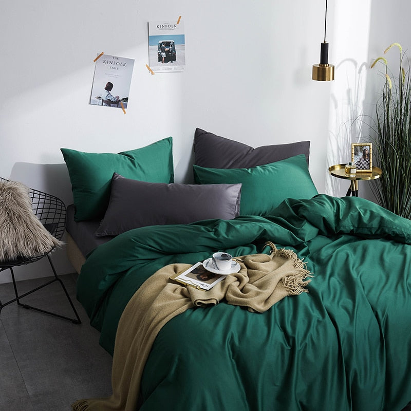 Modern bedroom with Green Grace Silk Duvet Cover Set (Premium Egyptian Cotton) 600TC, featuring elegant design and vibrant green color.