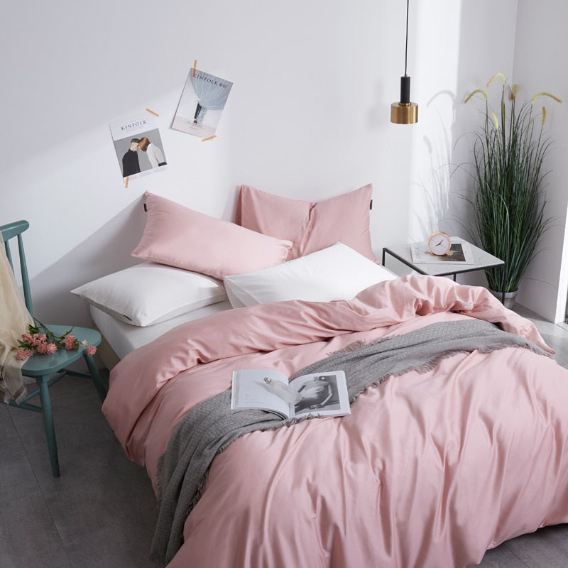 Flamingo Grace Silk Duvet Cover Set (Premium Egyptian Cotton) 600TC in a modern bedroom setting with pink and white decor.