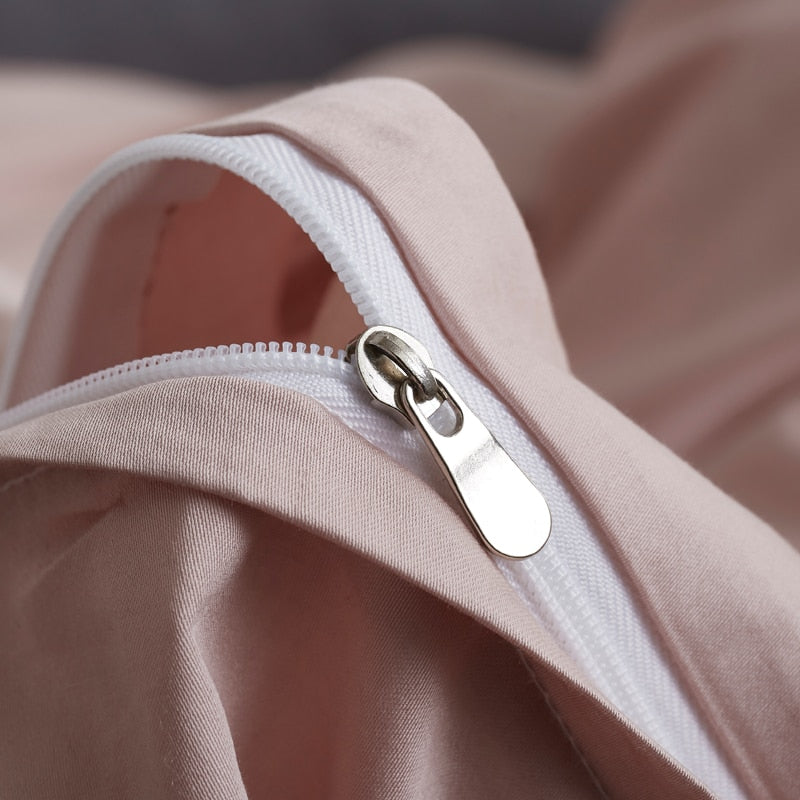 Close-up of PeachPuff Grace Silk Duvet Cover Set (Premium Egyptian Cotton) 600TC zipper detail